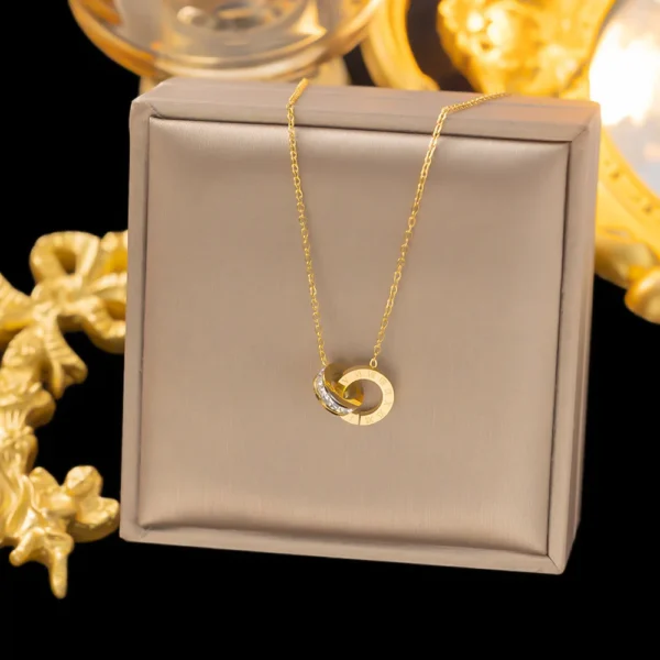 18K Gold Plated Stainless Steel Interlocking Circles - Roman Numbers Wedding Statement Collar Necklace For Women - Image 2
