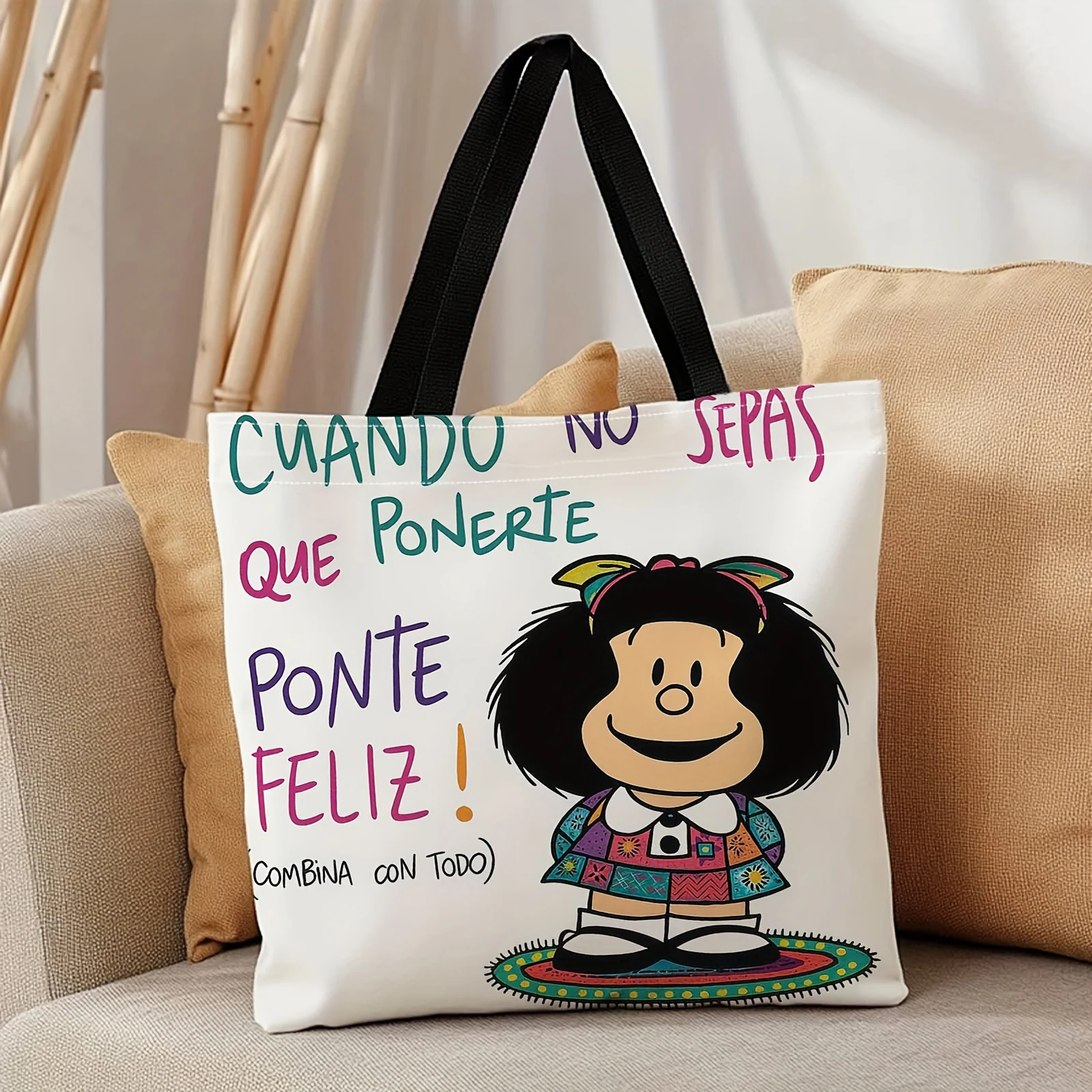 kf-S5348404230c04a63afa3585841a04673w Carton Print Canvas Tote Bag Women - Lightweight Reusable Shoulder Bag - Large Capacity for Student Shopping & Travel - Image 1
