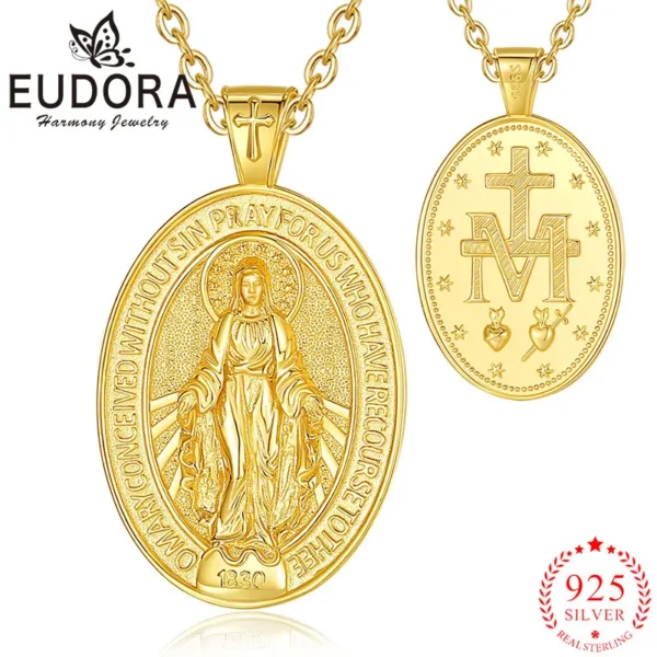 Eudora 925 Sterling Silver Virgin Mary Necklace  -18K Gold Sacred Heart Religious Pendant Amulet Women Jewelry Exquisite Gift - Image 2