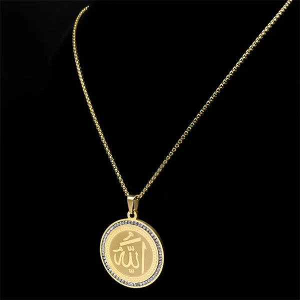 Arabic Quran Allah Medal Necklace for Women Men Rhinestone Stainless Steel Gold Color Islam Muslim Chain Jewelry collar NZZZ490 - Image 2