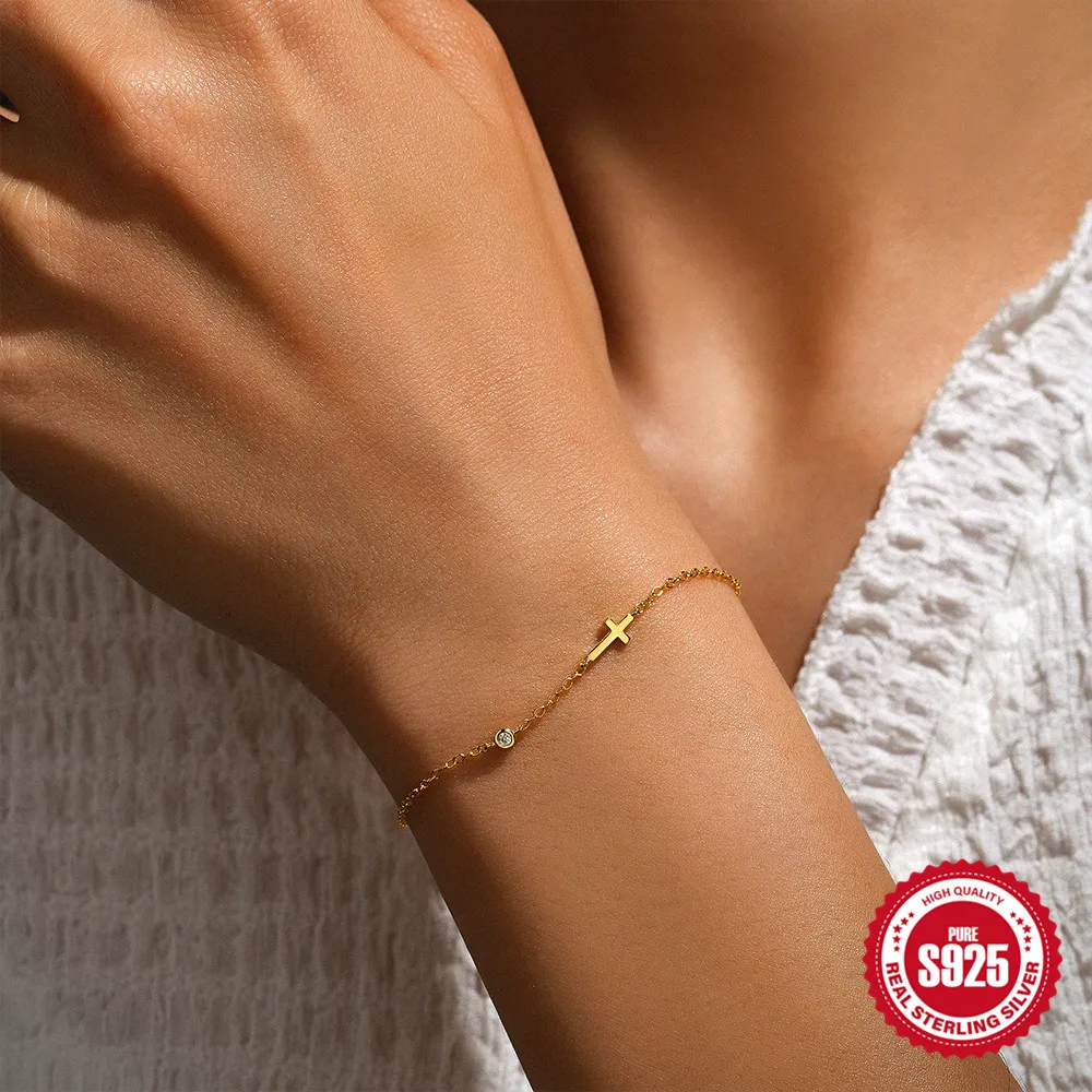 kf-Sf9088351ebc94b2b98ffd0987991c1ec6 925 Sterling Silver Classic Simple Cross Zircon Elegant Adjustable Bracelets - Chain For Women Grils Fine Jewel Accessories - Image 1