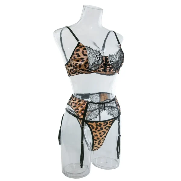 Wild Leopard Printed Lace Patchwork Lingerie Set Women Comfortable, Three Piece Bra and Panty Set Female Exotic Apparel Suit - Image 3