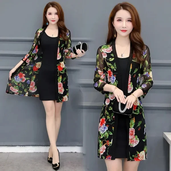 Female Mid Length Large Size Sun Protection Cardigan Tops Coat, Women Summer Gauze Lace Print Thin Sun Sunscreen Jacket - Image 2