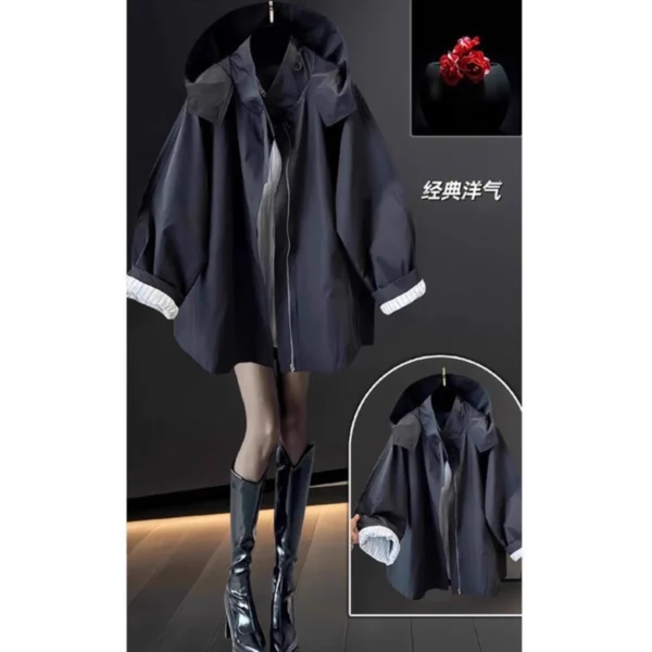 Coat Women Mid Length Coats Hooded Zipper Jackets Vintage Y2k Streetwear Work Casual Loose Elegant Splice Jacket 2026 Spring - Image 4