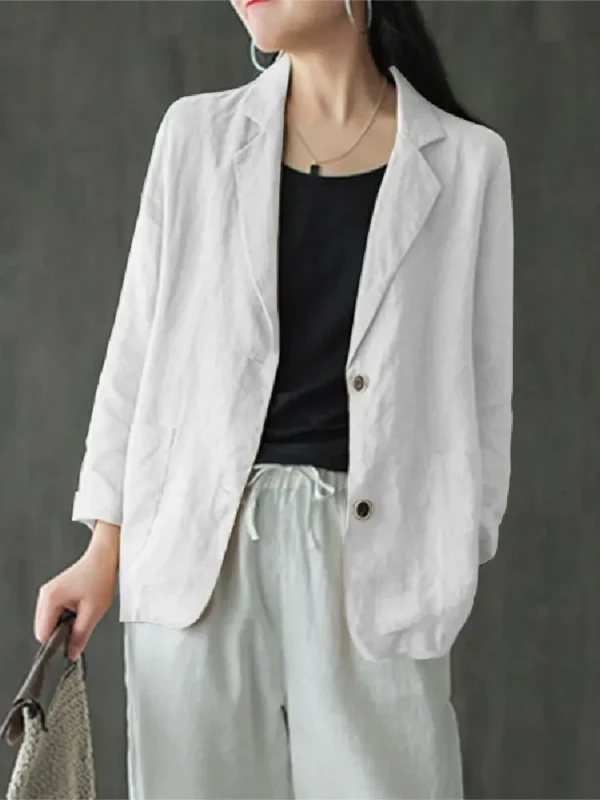 Women Lapel Neck Long Sleeve Blazer Autumn Vintage Casual Solid Cotton Blazer Elegant Cardigan Thin Coats Work Suits - Image 3