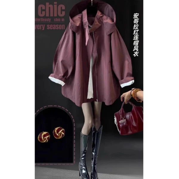 Coat Women Mid Length Coats Hooded Zipper Jackets Vintage Y2k Streetwear Work Casual Loose Elegant Splice Jacket 2026 Spring - Image 6