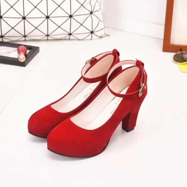 Spring Women Pumps Flock Sweet Thick High Heels Ankle Strap, Female Platform Classic Round Toe Dress Cute Shoes Ladies Footwear - Image 7