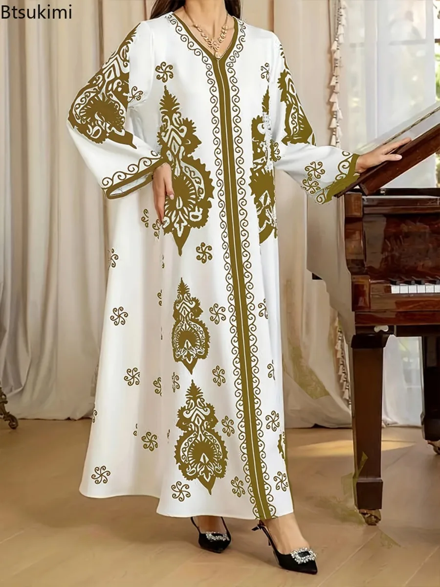 kf-S12f7cc5408ce4ea282a5df3768b427f6x Elegant Bronzing Print Muslim Abaya for Women - Long V-Neck Eid Dress - Dubai Kaftan Arab Morocco Jalabiya Modest Ramadan Robe - Image 1