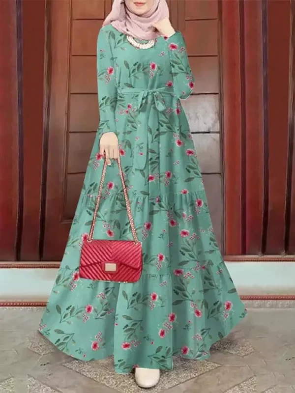 Printed Muslim Abaya Dress with Waist Sash - Elegant Ramadan Eid Jalabiya - Dubai Morocco Lace-Up Kaftan Saudi Arab Long Robe - Image 3