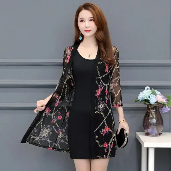 Female Mid Length Large Size Sun Protection Cardigan Tops Coat, Women Summer Gauze Lace Print Thin Sun Sunscreen Jacket - Image 4