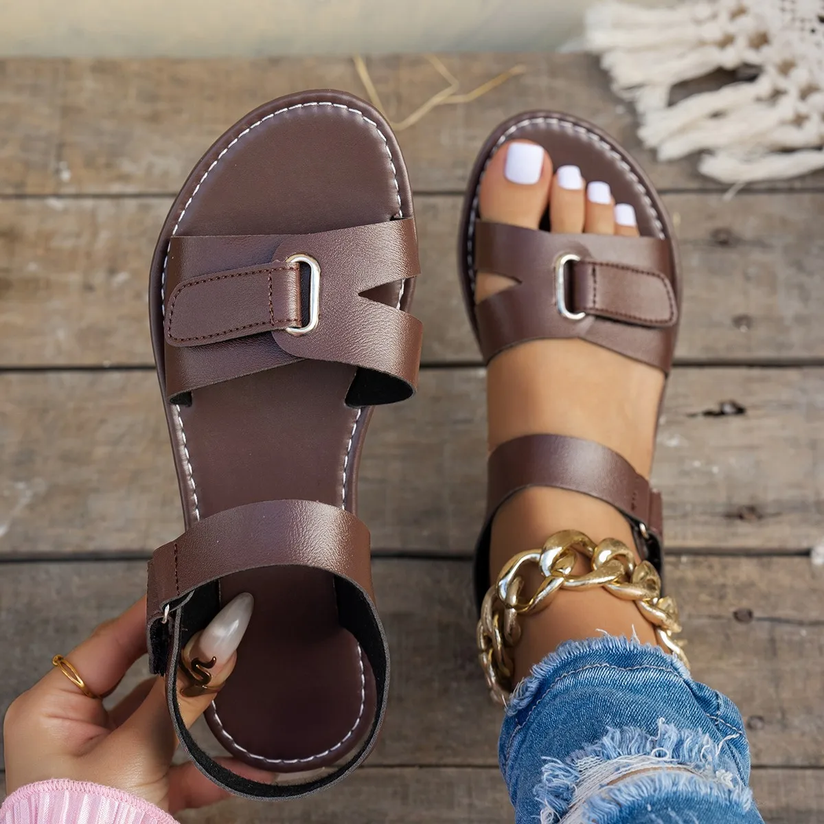 kf-S2bd938b76c104c48b013f197558fd73cO Women Summer Flat Sandals Fashion Metal Buckle Strap, Open Toe Casual Beach Roman Shoes for Ladies - Image 1