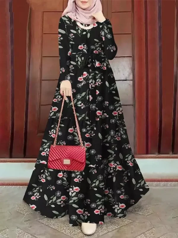 Printed Muslim Abaya Dress with Waist Sash - Elegant Ramadan Eid Jalabiya - Dubai Morocco Lace-Up Kaftan Saudi Arab Long Robe - Image 2