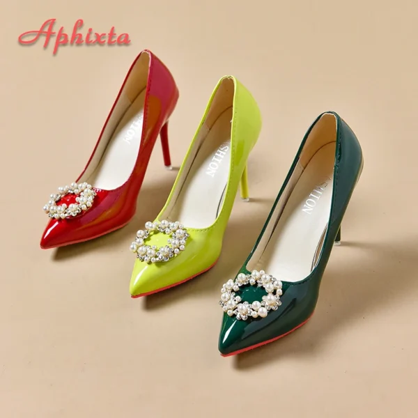 Aphixta Hot 10cm Stiletto Heels Pearl Buckle Gradient Pumps Women Shoes Patent Leather Super High Pointed Toe Super Big - Image 5