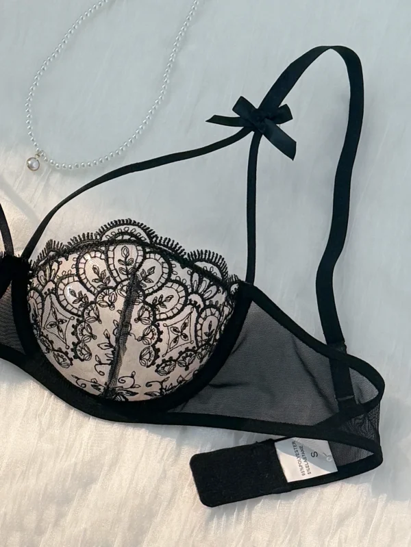 2-piece women's black comfortable lightweight bow semi transparent lingerie set - Image 5