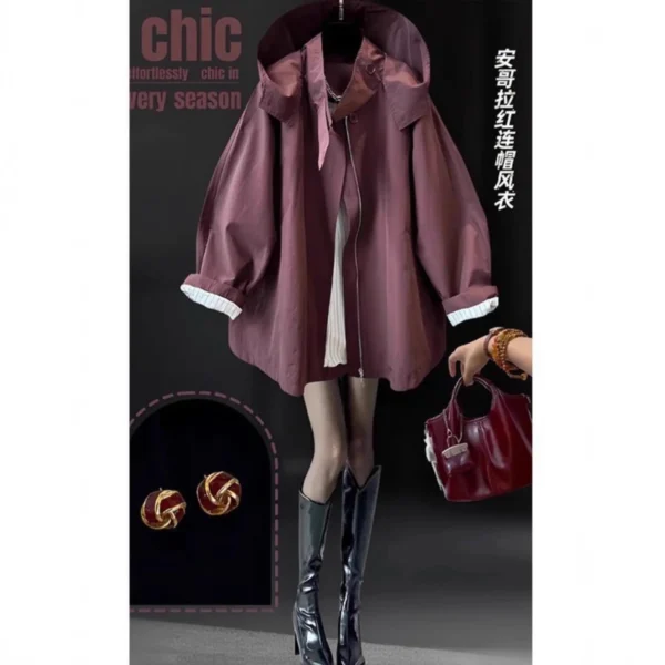 Coat Women Mid Length Coats Hooded Zipper Jackets Vintage Y2k Streetwear Work Casual Loose Elegant Splice Jacket 2026 Spring - Image 3