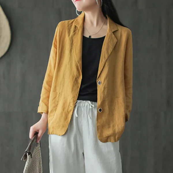 Women Lapel Neck Long Sleeve Blazer Autumn Vintage Casual Solid Cotton Blazer Elegant Cardigan Thin Coats Work Suits - Image 7