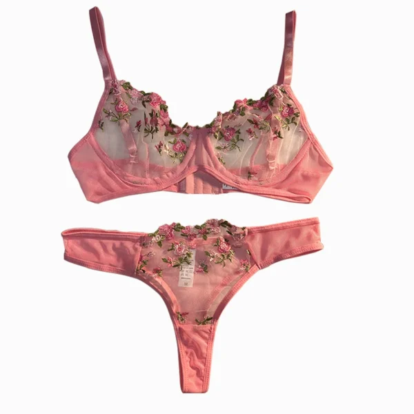 Pink Lingerie Woman Lace Underwear Fairy Embroidery Brief Sets Bra Panties Kits Breves Sets - Image 2
