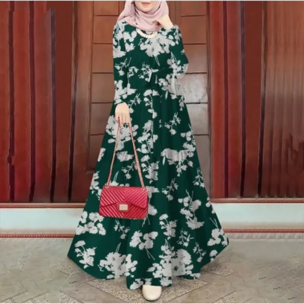 Printed Muslim Abaya Dress with Waist Sash - Elegant Ramadan Eid Jalabiya - Dubai Morocco Lace-Up Kaftan Saudi Arab Long Robe - Image 4