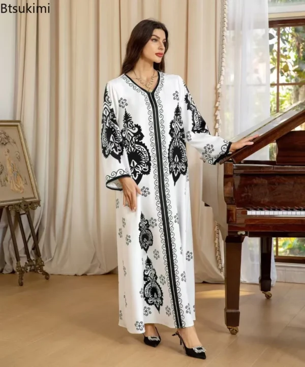 Elegant Bronzing Print Muslim Abaya for Women - Long V-Neck Eid Dress - Dubai Kaftan Arab Morocco Jalabiya Modest Ramadan Robe - Image 5