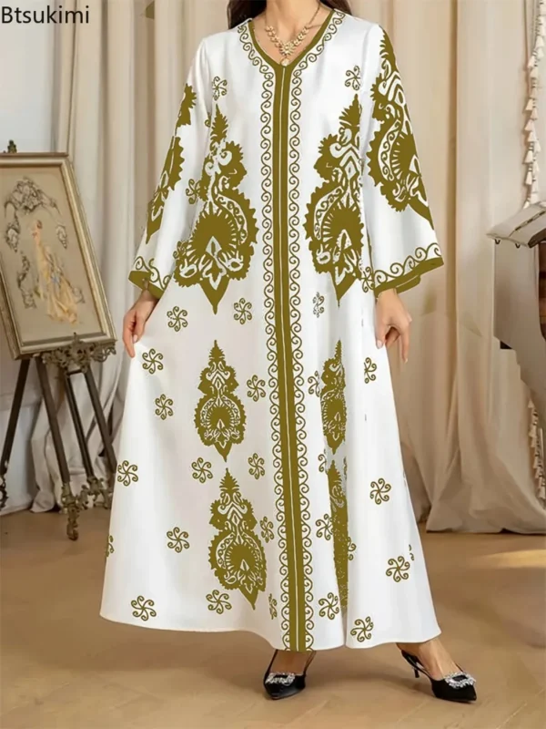 Elegant Bronzing Print Muslim Abaya for Women - Long V-Neck Eid Dress - Dubai Kaftan Arab Morocco Jalabiya Modest Ramadan Robe - Image 2