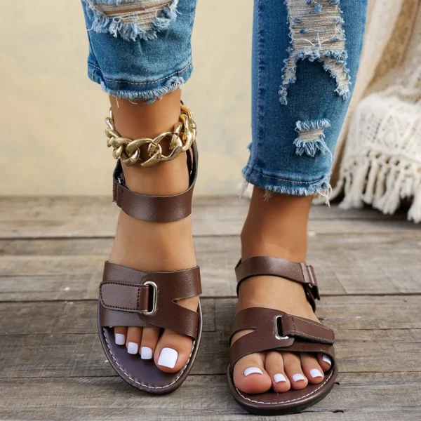 Women Summer Flat Sandals Fashion Metal Buckle Strap, Open Toe Casual Beach Roman Shoes for Ladies - Image 5