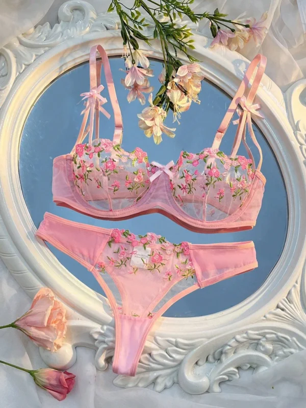 New Pink Bra Women Lingerie Set Ladies Embroidery Floral Bras Underwear Sets - Image 5