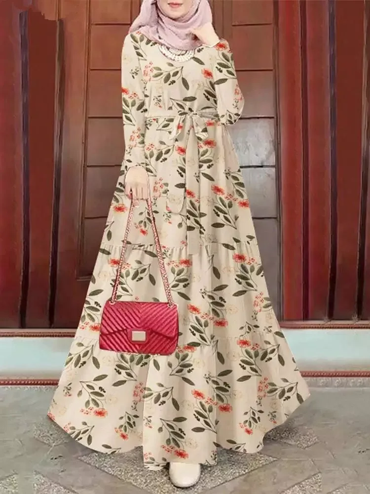 kf-S86be246dfe4d455987c4d5a8cdc6f288q Printed Muslim Abaya Dress with Waist Sash - Elegant Ramadan Eid Jalabiya - Dubai Morocco Lace-Up Kaftan Saudi Arab Long Robe - Image 1