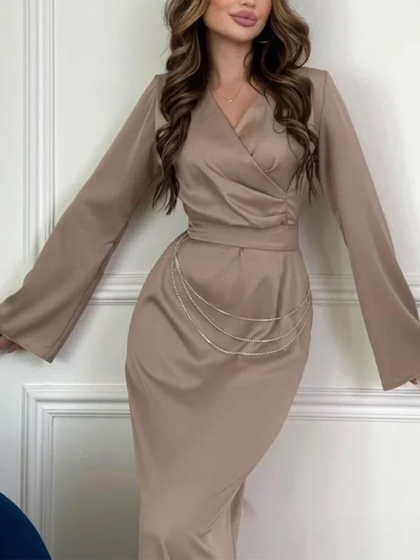 Elegant V-Neck Satin Jalabiya Party Dress for Women – Luxury Chain Print Ramadan Maxi Dress – Dubai Abaya and Moroccan Caftan Evening Robe - Image 2