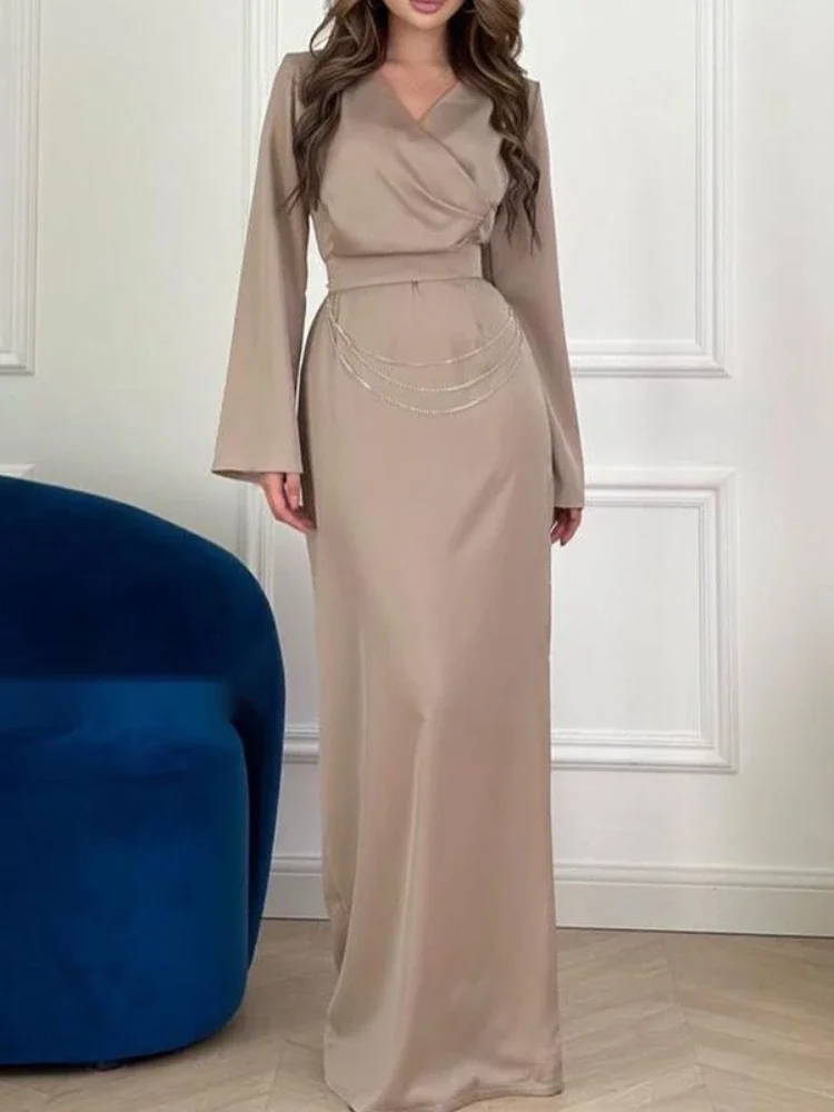 kf-S8c0b21f8d18f4427890561557e6ef994V Elegant V-Neck Satin Jalabiya Party Dress for Women – Luxury Chain Print Ramadan Maxi Dress – Dubai Abaya and Moroccan Caftan Evening Robe - Image 1
