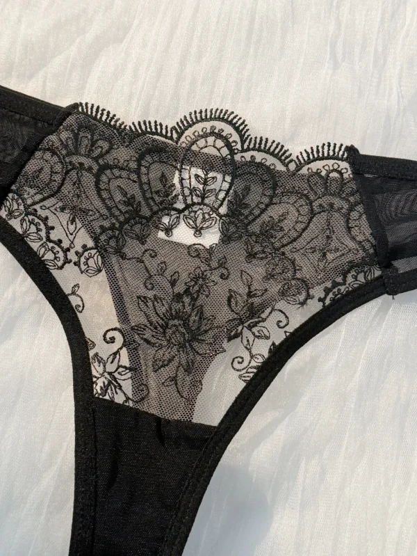 2-piece women's black comfortable lightweight bow semi transparent lingerie set - Image 4