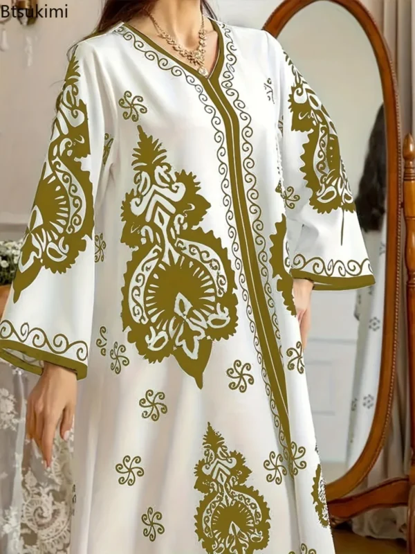 Elegant Bronzing Print Muslim Abaya for Women - Long V-Neck Eid Dress - Dubai Kaftan Arab Morocco Jalabiya Modest Ramadan Robe - Image 3