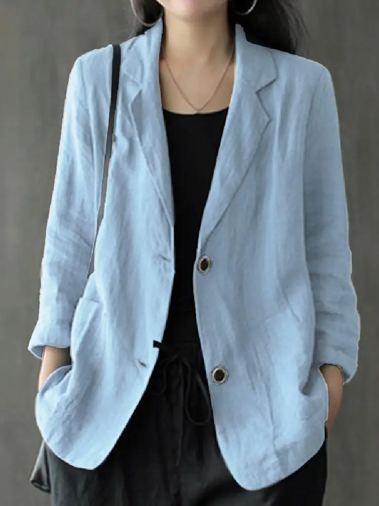 kf-S95827c7d396440e194089de89a04f5a7W Women Lapel Neck Long Sleeve Blazer Autumn Vintage Casual Solid Cotton Blazer Elegant Cardigan Thin Coats Work Suits - Image 1