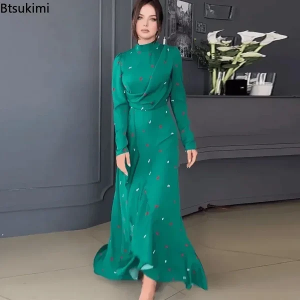 Elegant Long-Sleeve Muslim Maxi Dress – 2026 Spring Floral Print Abaya with Flounced Edge – Dubai Arab Kaftan Robe for Women - Image 2