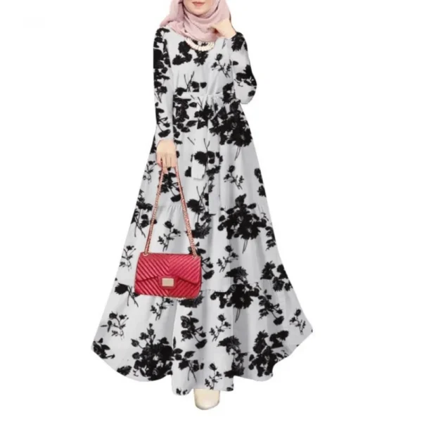 Printed Muslim Abaya Dress with Waist Sash - Elegant Ramadan Eid Jalabiya - Dubai Morocco Lace-Up Kaftan Saudi Arab Long Robe - Image 5