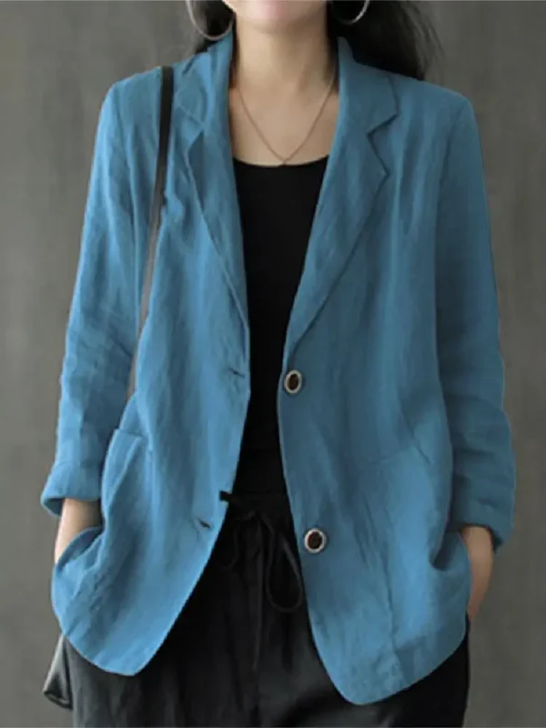 Women Lapel Neck Long Sleeve Blazer Autumn Vintage Casual Solid Cotton Blazer Elegant Cardigan Thin Coats Work Suits - Image 2