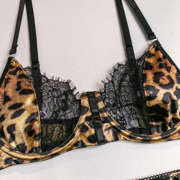 Wild Leopard Printed Lace Patchwork Lingerie Set Women Comfortable, Three Piece Bra and Panty Set Female Exotic Apparel Suit - Image 4
