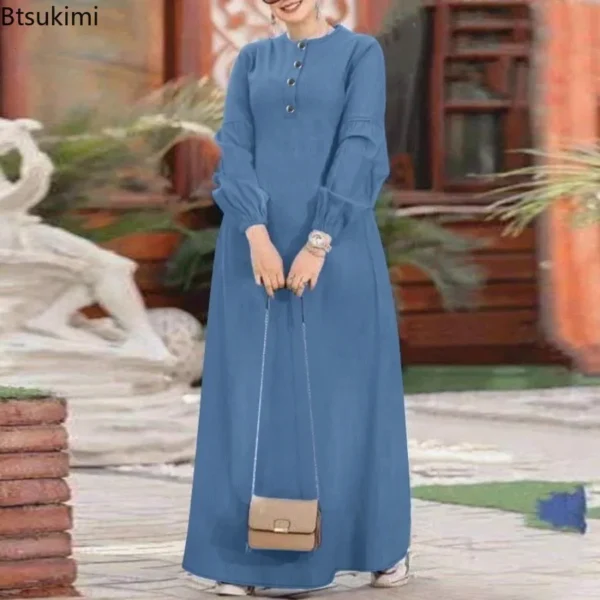 Casual Denim Long Sleeve Muslim Abaya for Women - Loose Fit Spring Maxi Dress - Elegant Middle East Saudi Arab Modest Jeans Robe - Image 2