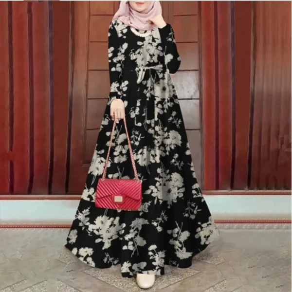 Printed Muslim Abaya Dress with Waist Sash - Elegant Ramadan Eid Jalabiya - Dubai Morocco Lace-Up Kaftan Saudi Arab Long Robe - Image 6