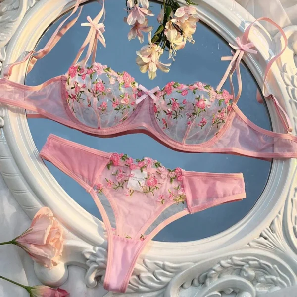 New Pink Bra Women Lingerie Set Ladies Embroidery Floral Bras Underwear Sets - Image 2