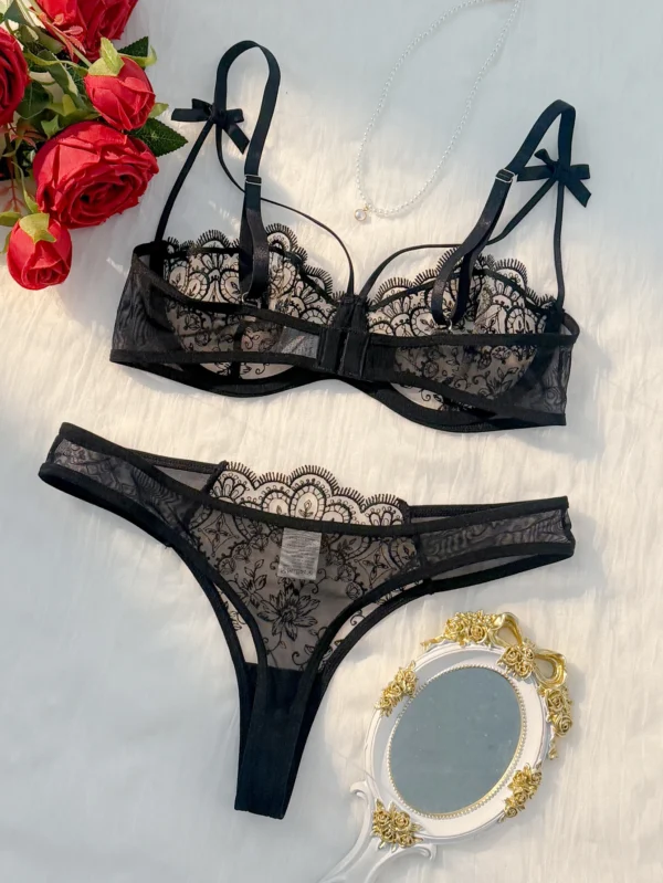2-piece women's black comfortable lightweight bow semi transparent lingerie set - Image 2