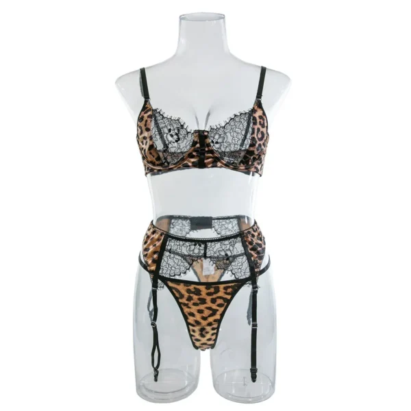 Wild Leopard Printed Lace Patchwork Lingerie Set Women Comfortable, Three Piece Bra and Panty Set Female Exotic Apparel Suit - Image 2