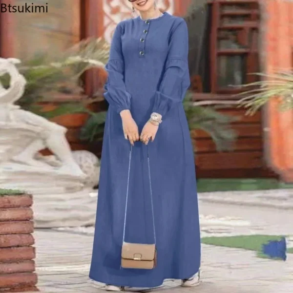 Casual Denim Long Sleeve Muslim Abaya for Women - Loose Fit Spring Maxi Dress - Elegant Middle East Saudi Arab Modest Jeans Robe - Image 3