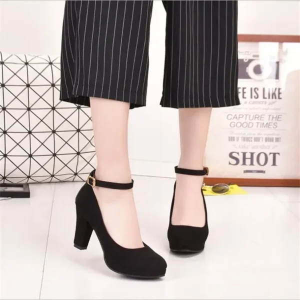 Spring Women Pumps Flock Sweet Thick High Heels Ankle Strap, Female Platform Classic Round Toe Dress Cute Shoes Ladies Footwear - Image 2