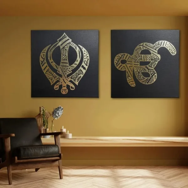 Handmade Sikh Khanda and Ek Onkar Mandala Metal Wall Art - Set of Two Spiritual Home Decor for Gurudwara Yoga Studios Sikhism Gift