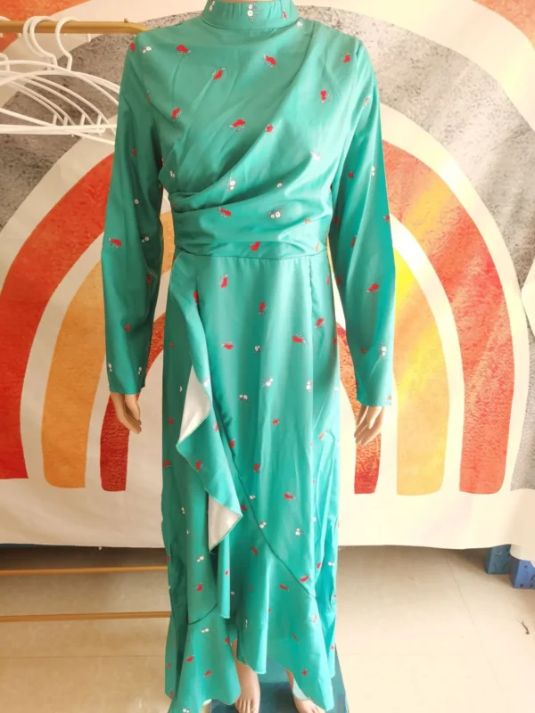 Elegant Long-Sleeve Muslim Maxi Dress – 2026 Spring Floral Print Abaya with Flounced Edge – Dubai Arab Kaftan Robe for Women - Image 3
