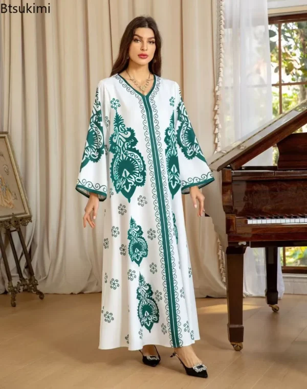 Elegant Bronzing Print Muslim Abaya for Women - Long V-Neck Eid Dress - Dubai Kaftan Arab Morocco Jalabiya Modest Ramadan Robe - Image 4