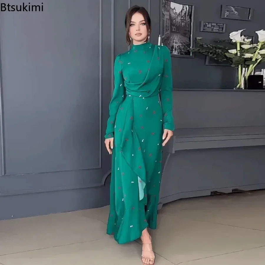 kf-Sf5770779ae7f4aff8870aa5c80a85da6x Elegant Long-Sleeve Muslim Maxi Dress – 2026 Spring Floral Print Abaya with Flounced Edge – Dubai Arab Kaftan Robe for Women - Image 1