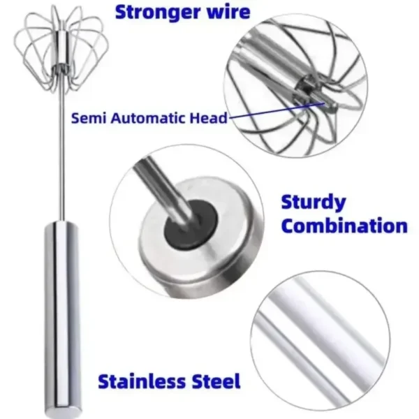 Household Stainless Steel Semi-automatic Egg Beater Press And Rotate - Manual Egg Beater Egg Cream Handheld Whipping Tool - Image 6