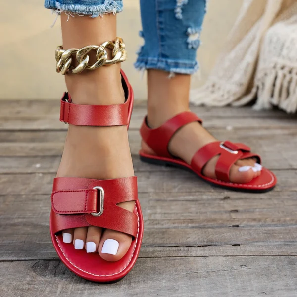 Women Summer Flat Sandals Fashion Metal Buckle Strap, Open Toe Casual Beach Roman Shoes for Ladies - Image 6