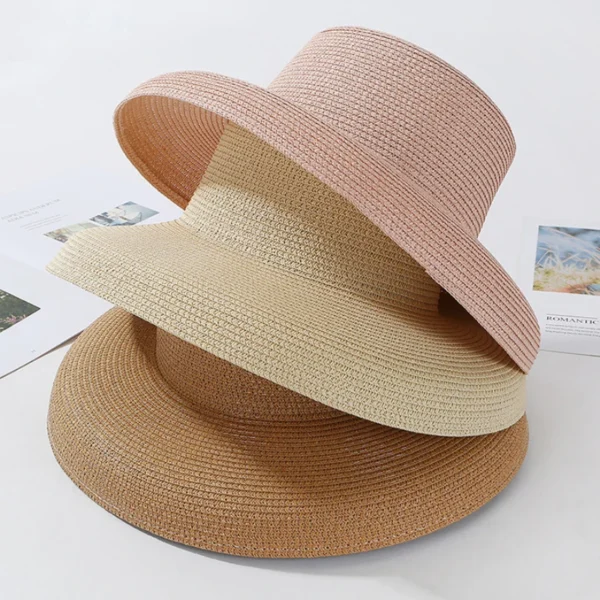 HT2303 Elegant Wide Brim Panama Hat • Minimalist Round Top Straw Hat • Luxury Floppy Summer Beach Hat for Women - Image 3